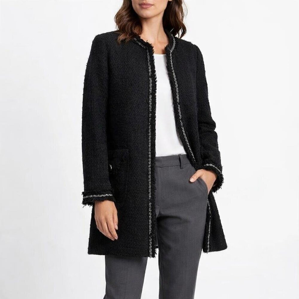Zara Boucle Black Mid length Tweed open front LIght Coat BLazer Size Medium